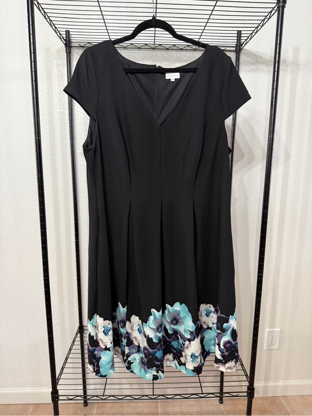 Elegant Black Midi Dress with Blue Floral Border